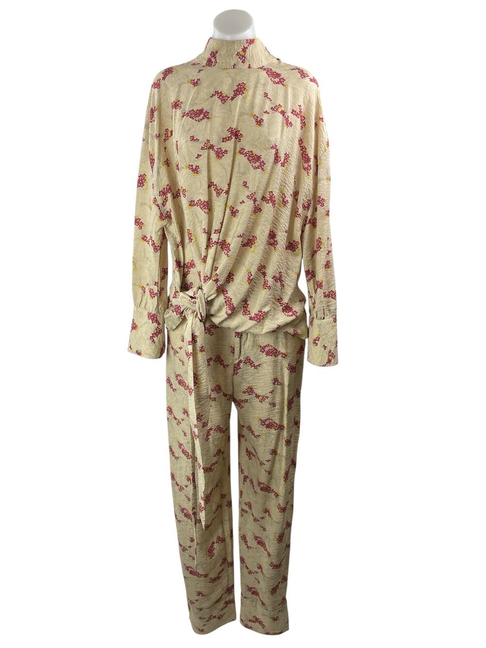 Zara Women's Cream Floral Long Sleeves Tie Front Sleepwear Pajamas Sets Size L
